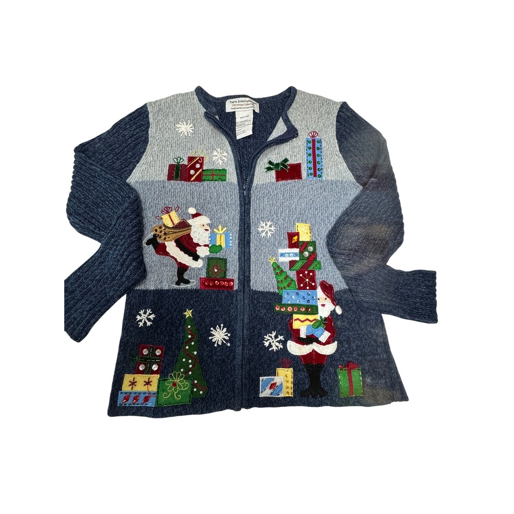 Tiara International Christmas Sweater Size Small Santa Presents Applique Zipper